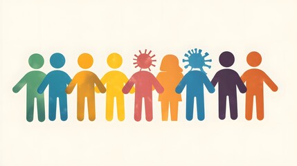 Colorful Stick Figures with Coronavirus Symbol on One