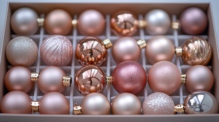 Ornaments in a box, arranged by color gradient from metallic gold to soft blush pink, ready to decorate the Christmas tree. 4K hyperrealistic photo.