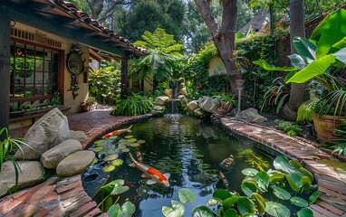 Waterfall in a beautiful tropical garden with pond and green plants.