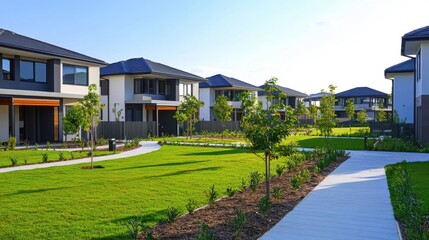 Obraz premium Newly developed residential area with freshly constructed homes, green lawns, and young