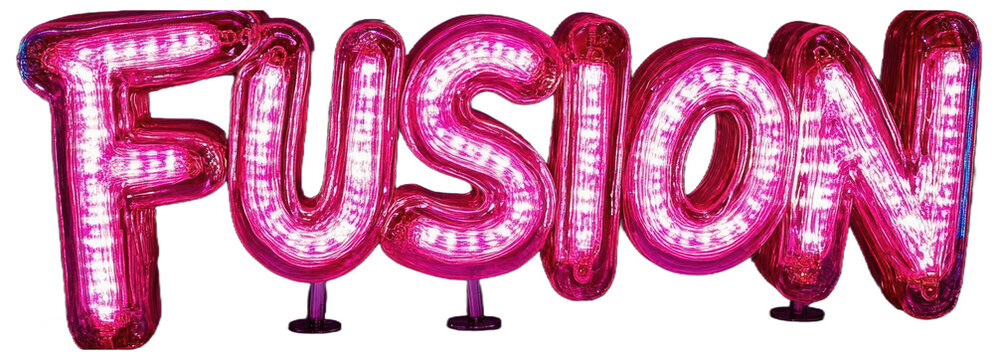 A glowing neon sign spelling fusion in bold letters