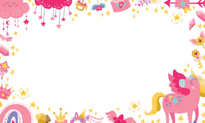 Cute Unicorn magical frame design for memo, sticky notes, planner, notepad background template. Vector childrens illustration on a white background.