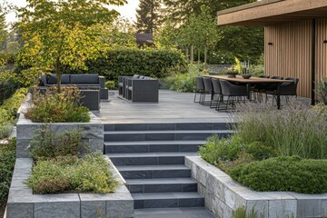 Obraz premium This modern terrace is fully equipped with deck flooring and fencing, potted plants, as well as outdoor furniture. A great place for relaxing at home.