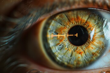 laser and glaucoma eye surgery concept, close up of eye with reticle or target overlay, also useful for conveying lasik procedures