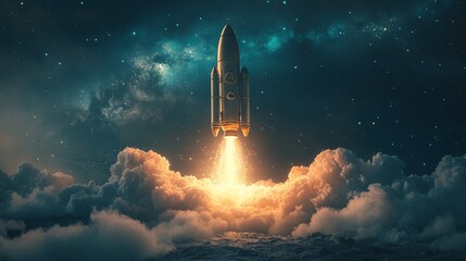 Bitcoin rocket gliding past clouds towards the stars. Cryptocurrency success theme.