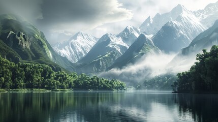 Fototapeta premium Majestic mountain landscape with snow peaks reflecting in tranquil lake surrounded by lush greenery during cloudy day
