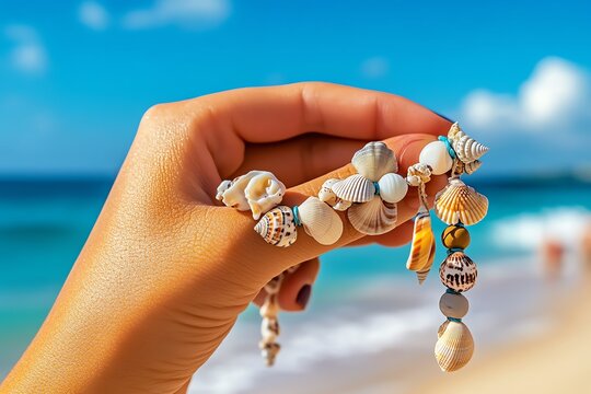 A traveler creating a DIY bracelet on the beach, threading shells and sea stones together as a personal reminder of their journey