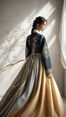 Beautiful young woman posing gracefully in traditional Korean hanbok decorated with delicate embroidery