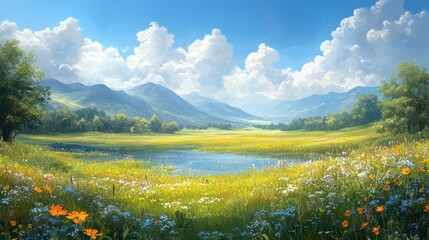 Obraz premium Serene landscape with mountains, flowers, and a tranquil lake.