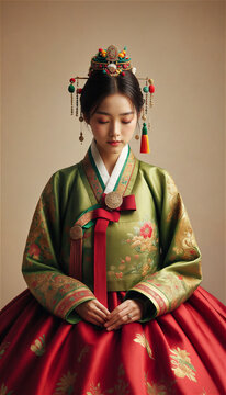 Beautiful young woman posing gracefully in traditional Korean hanbok decorated with delicate embroidery