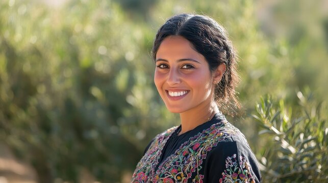 Authentic Palestinian Beauty: Joyful Woman in Traditional Dress Amidst Olive Trees