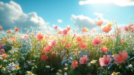 Obraz premium Vibrant flower field under a bright blue sky with fluffy clouds.