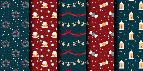 Set of Christmas vector seamless pattern. Merry Christmas and Happy New Year. Christmas symbols background. Vector red and blue seamless illustration