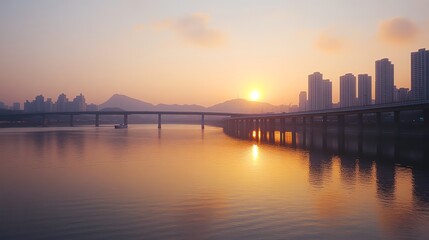 Obraz premium A city skyline at sunset, with a bridge in the foreground.
