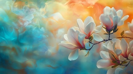 Enchanting magnolia flowers are blooming magnificently, set against a dreamy, colorful backdrop that evokes feelings of wonder and tranquility in a serene Spring setting.