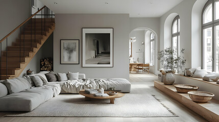 A modern, minimalist living room with a cozy atmosphere and natural light.