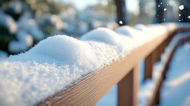 Soft, powdery snow gently resting on a wooden fence, creating a smooth, unbroken white layer with fine texture. 4K hyperrealistic photo.