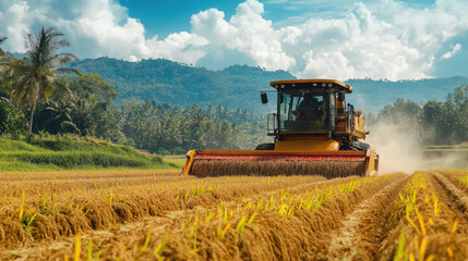 Fototapeta premium rice or wheat harvester working in the field, agricultural machinery, agro-industry, harvest, farm, combine, tractor, machine