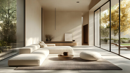 A modern, minimalist living room with natural light and serene decor.