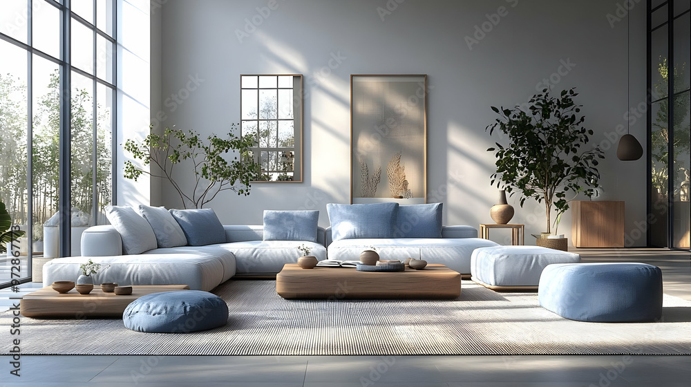 Wall mural a modern, serene living room with a cozy sofa, natural light, and decorative plants.