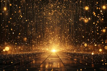 Magical fantasy landscape with golden sparkles and light beams, mystical pathway