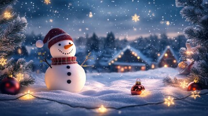 Obraz premium Peaceful winter setting with a snowman and holiday decorations, under a starry, snow