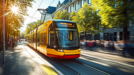 Obraz premium Tram in motion on a bustling city street with blurred figures and glowing afternoon light creating a dynamic scene. 