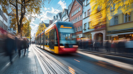 Obraz premium Tram in motion on a bustling city street with blurred figures and glowing afternoon light creating a dynamic scene. 