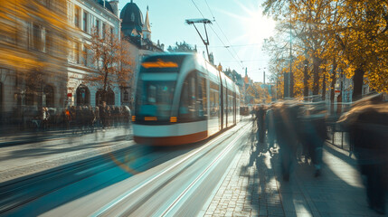 Obraz premium Tram in motion on a bustling city street with blurred figures and glowing afternoon light creating a dynamic scene. 
