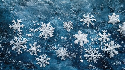 A cascade of snowflakes on a textured blue background, capturing the beauty