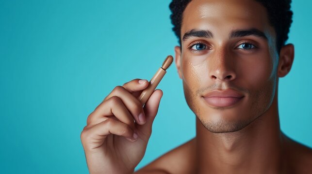 Young man demonstrating a skincare product against a vibrant blue background, highlighting self-care and grooming routines