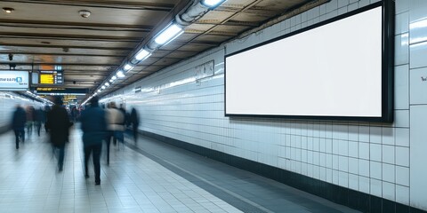 Obraz premium Blank billboard in subway station with people walking by
