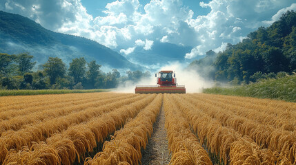 Naklejka premium rice or wheat harvester working in the field, agricultural machinery, agro-industry, harvest, farm, combine, tractor, machine