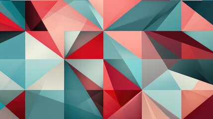 A vibrant geometric abstract design featuring various triangles in shades of red, teal, and cream.