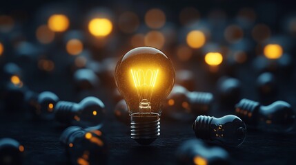 One of Lightbulb glowing among shutdown light bulb in dark area with copy space for creative thinking , problem solving solution and outstanding concept
