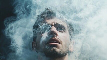 Man in a smoky environment, symbolizing asthma triggers, worried expression