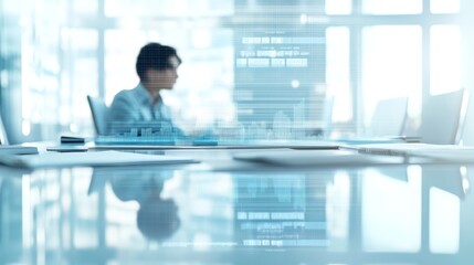 Fototapeta premium A hyper-realistic photo of a business leader in an executive office, discussing a detailed planning chart with a focus on strategic choices and impacts. The leader demonstrates authoritative judgment