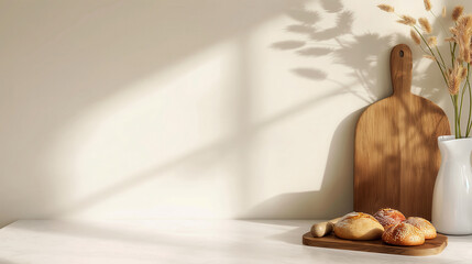Minimalist kitchen scene with bread on a wooden cutting board and vase on a sunlit countertop with copy space.
