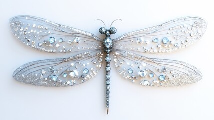 Fototapeta premium Abstract dragonfly with intricate wings covered in radiant diamonds and delicate jewels, on a pristine white background