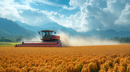 Obraz premium rice or wheat harvester working in the field, agricultural machinery, agro-industry, harvest, farm, combine, tractor, machine
