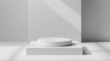 Modern minimalistic white podium on abstract geometric background, ideal for product display and presentations.