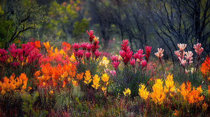 A field of Australian kangaroo paws in full bloom, with their unique claw-shaped flowers in vivid...