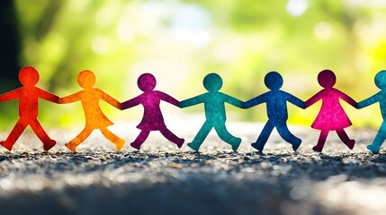 Colorful Paper People Holding Hands on a Gravel Path with a Blurry Green Background