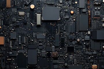 Fototapeta premium Detailed black circuit board background with intricate electronic components and wires