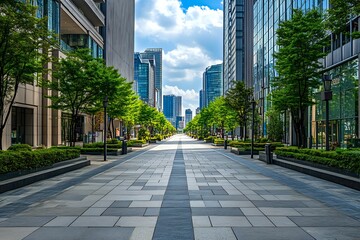 Fototapeta premium A pathway lined with trees leading to a city skyline, urban landscape, modern architecture.