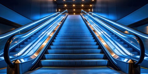 Escalators illuminated by vibrant blue lights in a bustling urban environment at night