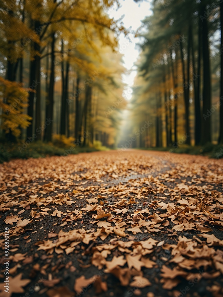 Sticker A path lined with trees in the fall, covered in fallen leaves.