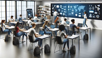 Futuristic Classroom with Digital Learning Tools