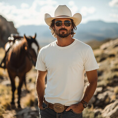 sand t-shirt mockup, men model, view of the mountains