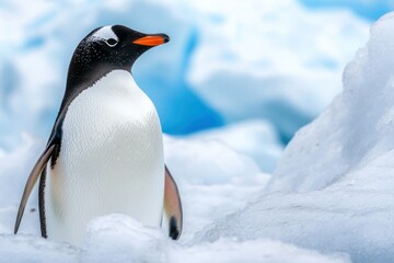 Fototapeta premium A Single Gentoo Penguin Standing on Snow and Ice